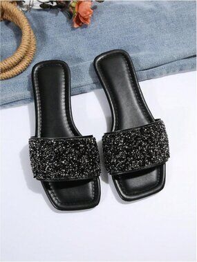 🆕Women Black Sequin Sparkly Flat Sandals Dressy Open Toe Glitter Shiny Slippers